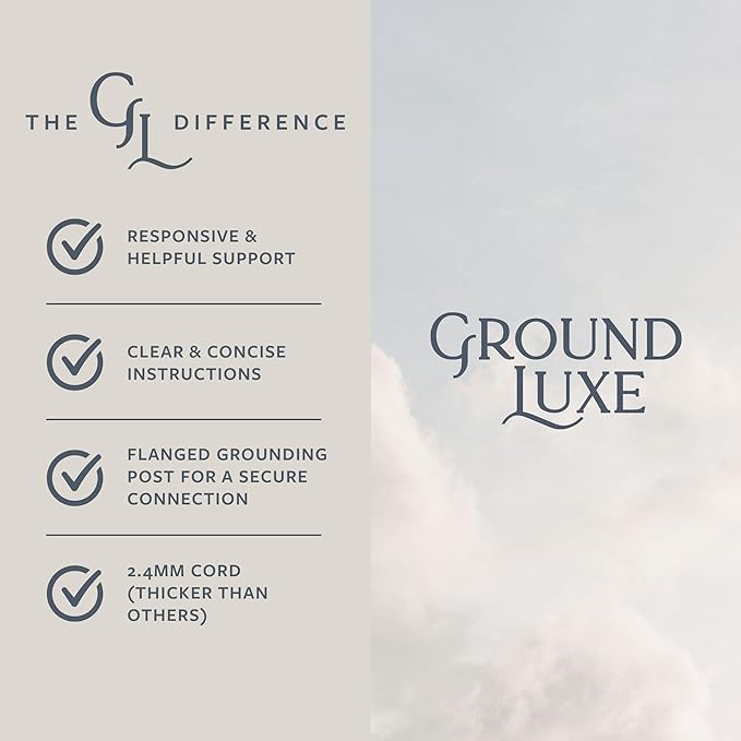 GroundLuxe grounding cord product features listing responsive support, clear instructions, flanged grounding post, and 2.4mm cord thickness.