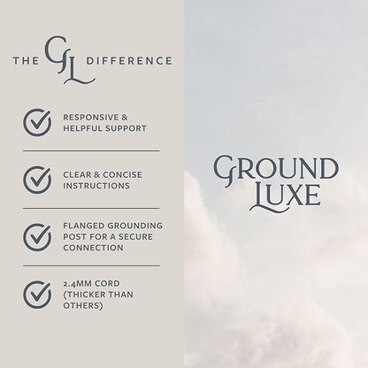 GroundLuxe grounding cord product features listing responsive support, clear instructions, flanged grounding post, and 2.4mm cord thickness.