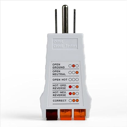 Outlet Circuit Tester with three prongs and indicator lights showing various electrical outlet conditions and test results.
