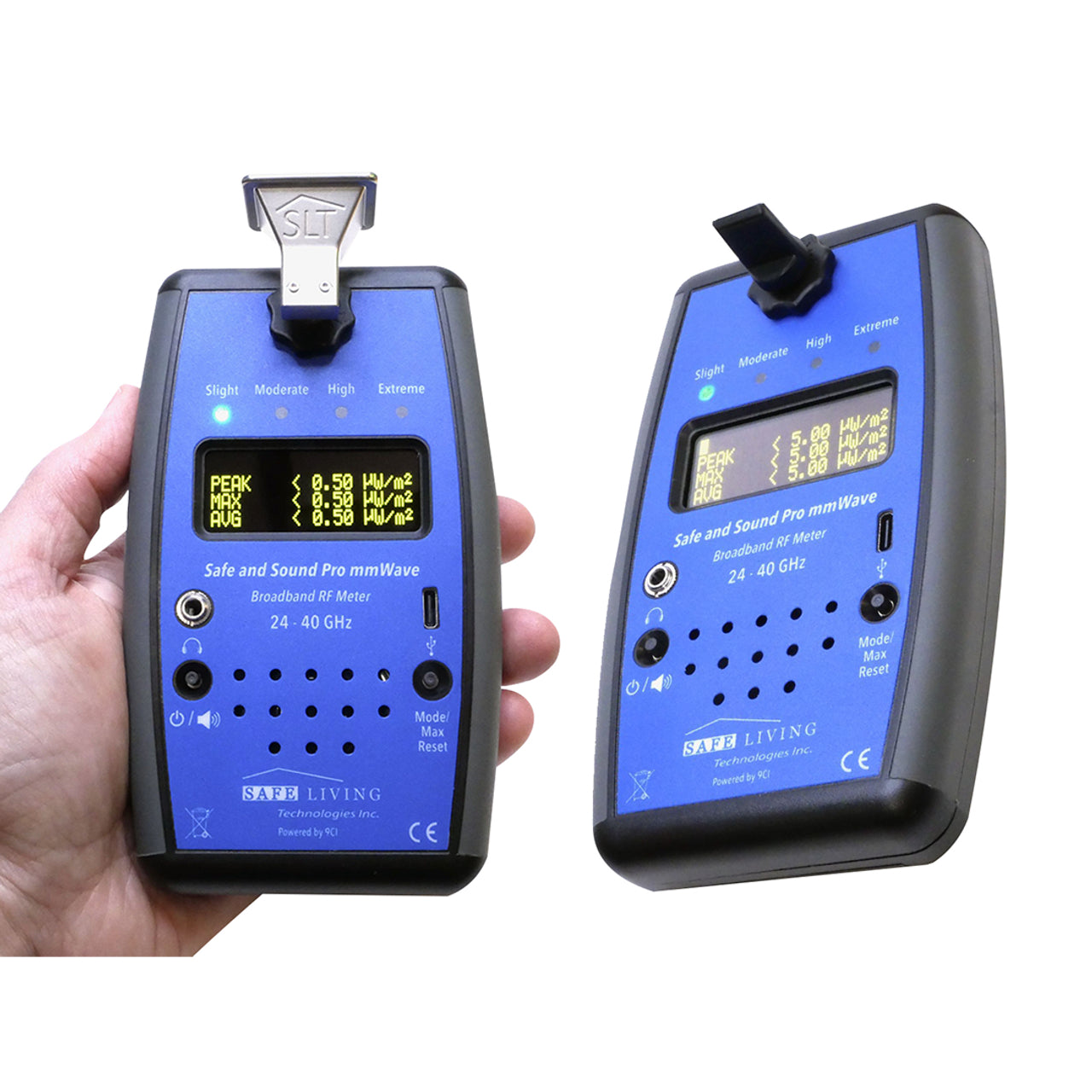 Safe and Sound mmWave 5G Meter shown front and back views displaying blue interface with digital readouts and control buttons.