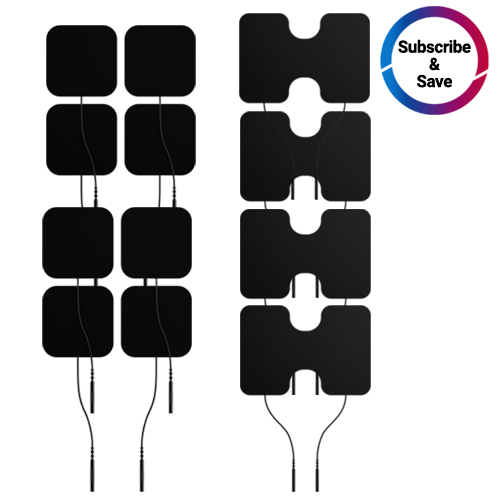 iReliev TENS Electrodes Refill Kit showing two pad shapes - rectangular pads on left with wire connectors and square pads on right with wire connectors.