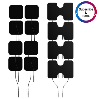 iReliev TENS Electrodes Refill Kit showing two pad shapes - rectangular pads on left with wire connectors and square pads on right with wire connectors.