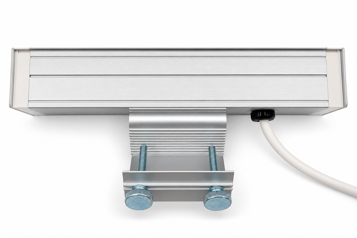 Rear view of the aluminum power dock with an adjustable desk clamp and thumbscrews and a white power cord leaving the side.