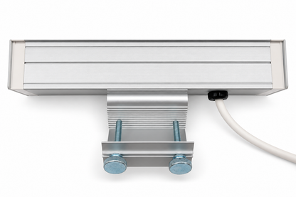 Rear view of the aluminum power dock with an adjustable desk clamp and thumbscrews and a white power cord leaving the side.