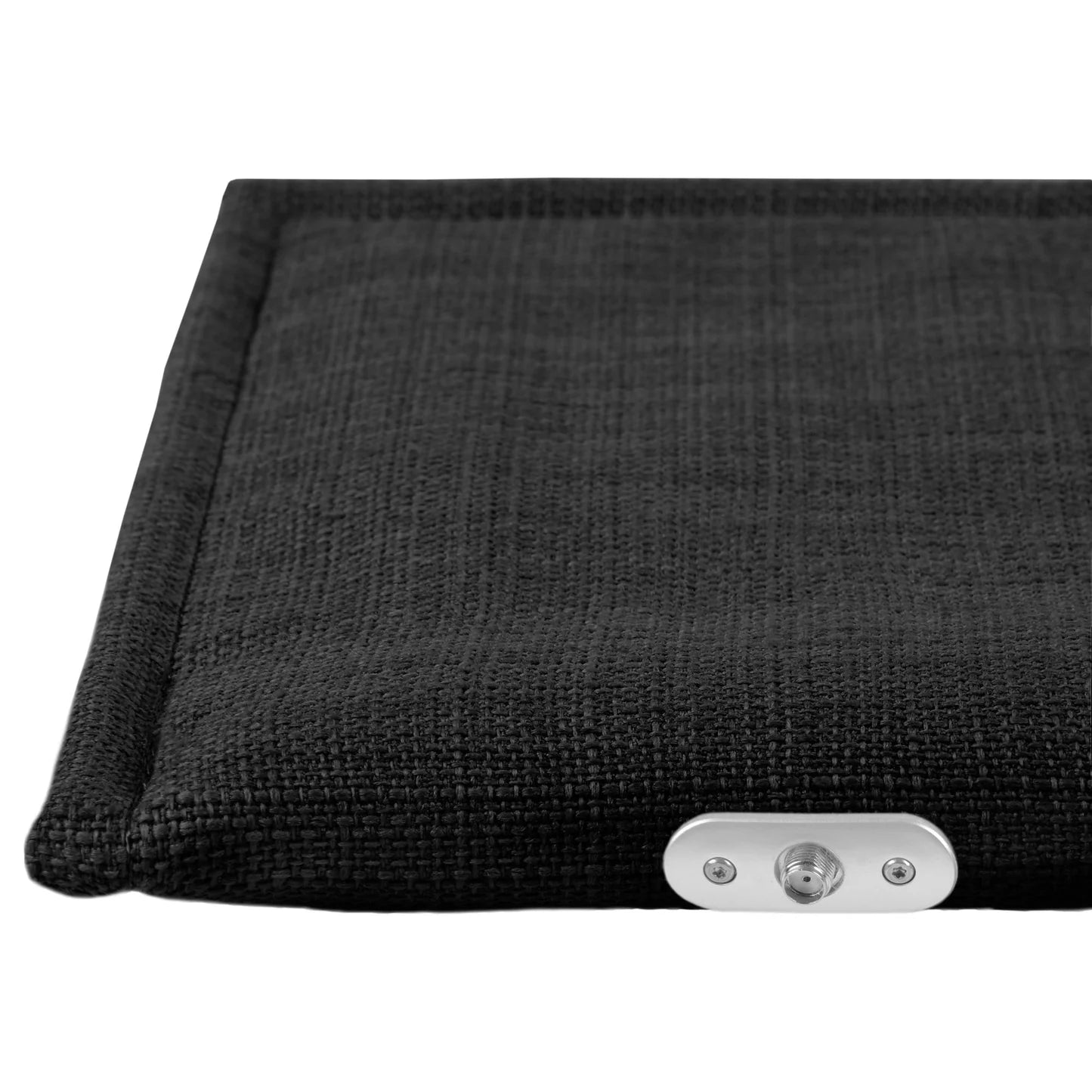 PoM Shield ORIGINAL Faraday cage closeup showing black fabric material with metal attachment hardware on bottom corner.