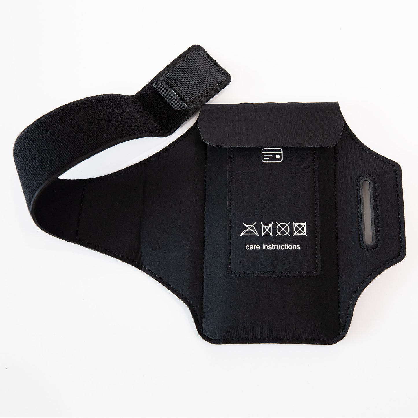 Black SYB Arm Band Phone Pouch displayed flat, showing front with care instructions symbols, elastic strap, and side window opening.