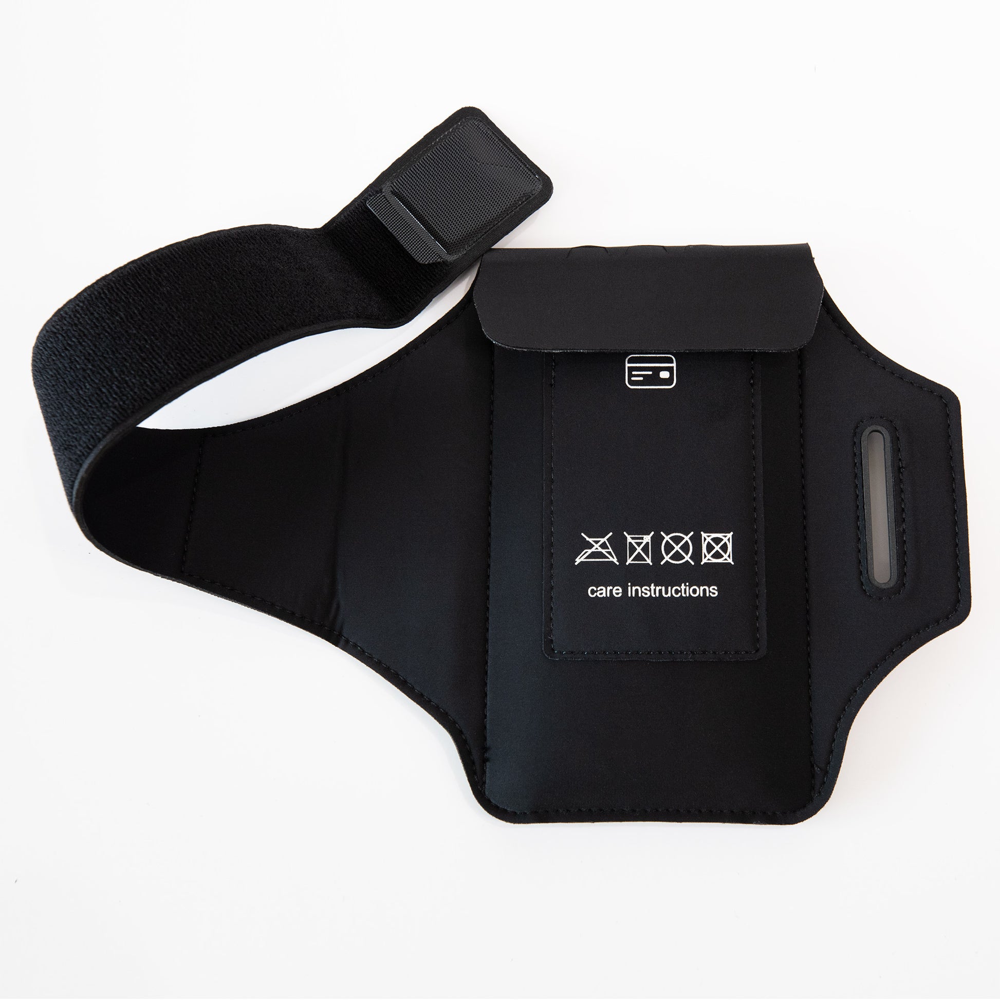 Black SYB Arm Band Phone Pouch displayed flat, showing front with care instructions symbols, elastic strap, and side window opening.