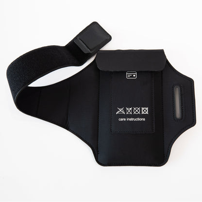 Black SYB Arm Band Phone Pouch displayed flat, showing front with care instructions symbols, elastic strap, and side window opening.