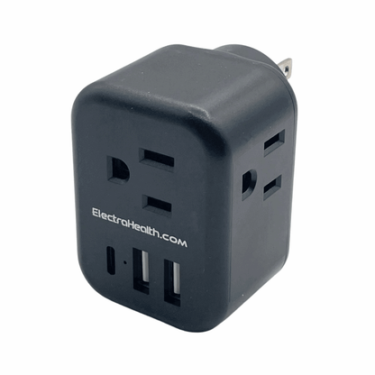 Black multi-outlet wall charger shown at an angle with grounded outlets on the front and side, a USB-C port and two USB-A ports.