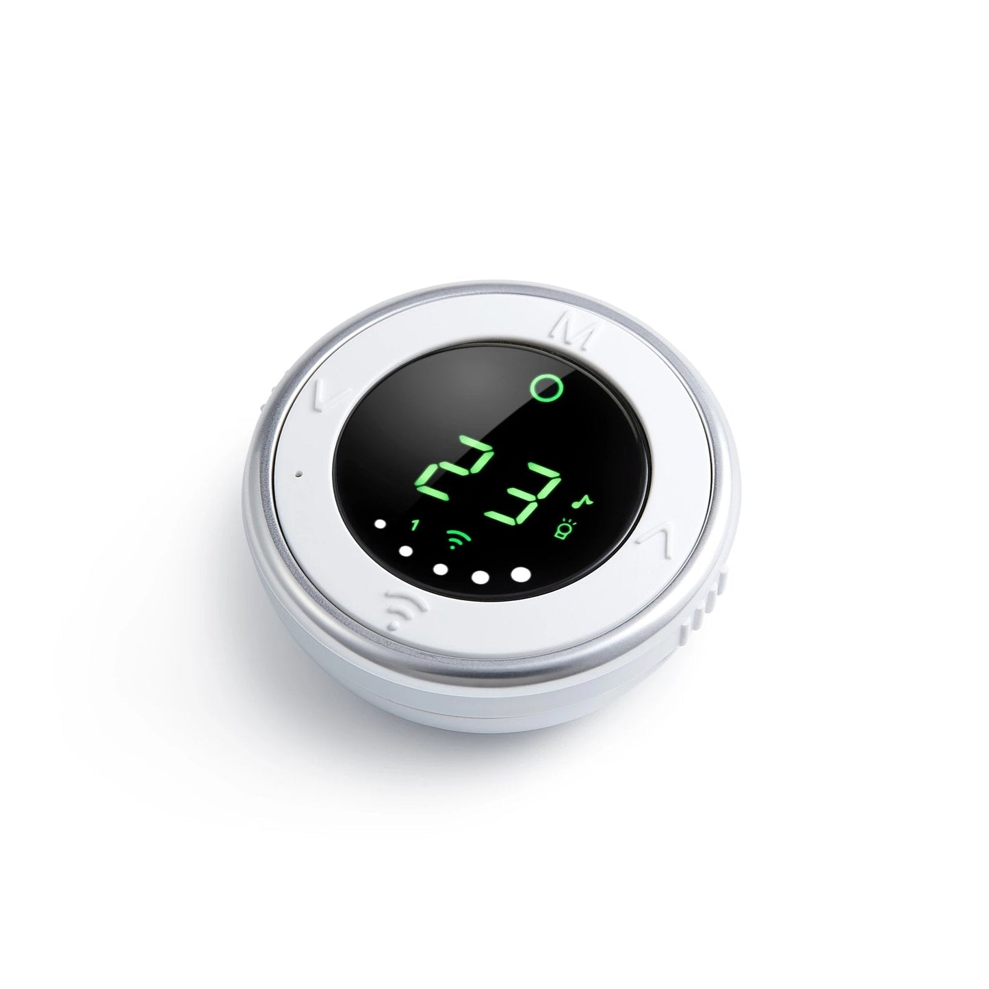 Bebcare Low-EMF IQ WiFi HD Baby Monitor displaying 23.7°C on its circular digital screen with white casing.