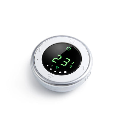 Bebcare Low-EMF IQ WiFi HD Baby Monitor displaying 23.7°C on its circular digital screen with white casing.