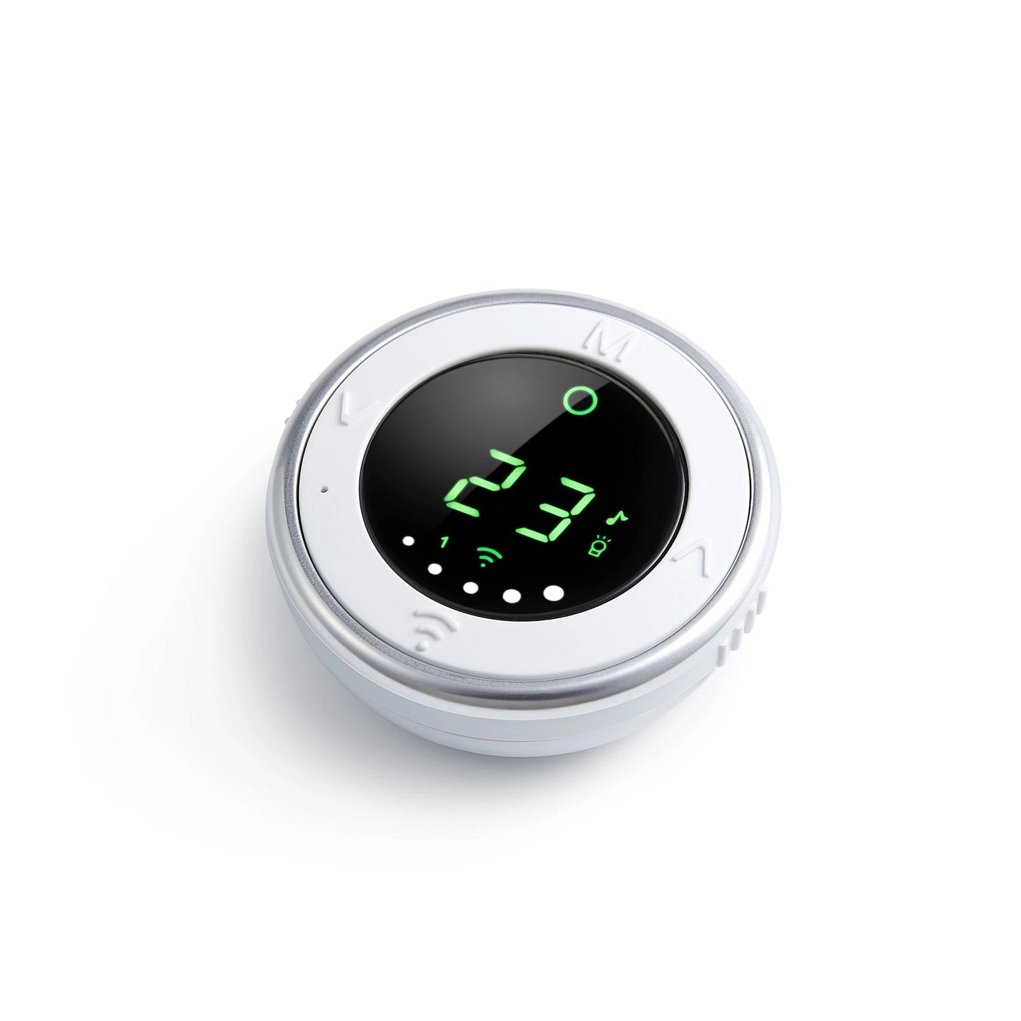 Bebcare Low-EMF Hear Digital Audio Baby Monitor displaying green LED time and temperature readout on circular white device.