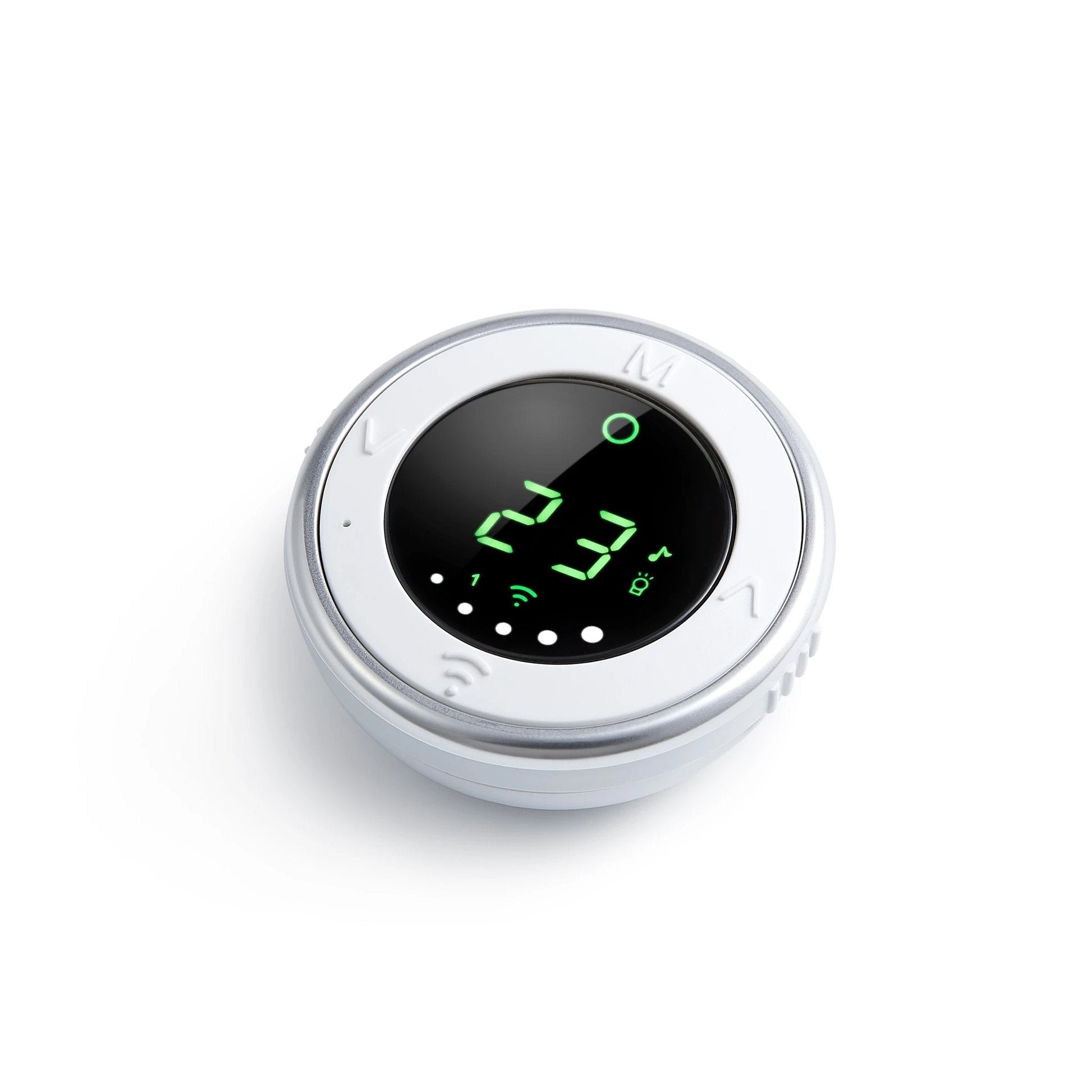 Bebcare Low-EMF Hear Digital Audio Baby Monitor displaying green LED time and temperature readout on circular white device.