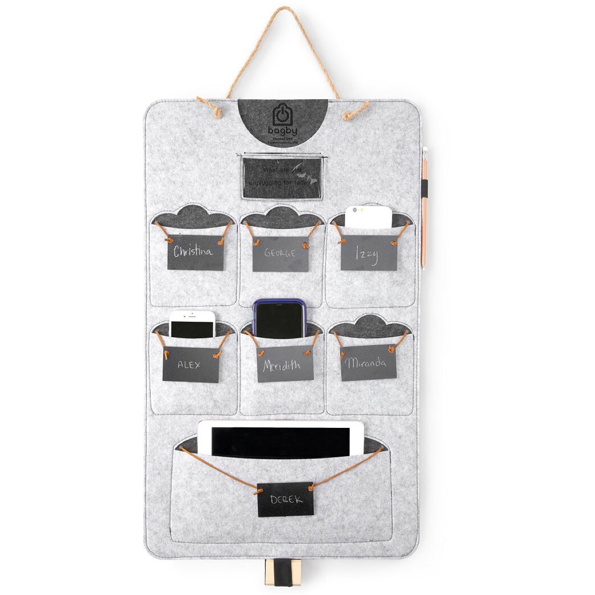 Gray felt Bagby FAMILY organizer with six phone pockets on chalkboard name tags and a lower tablet pocket, with a chalk pencil.