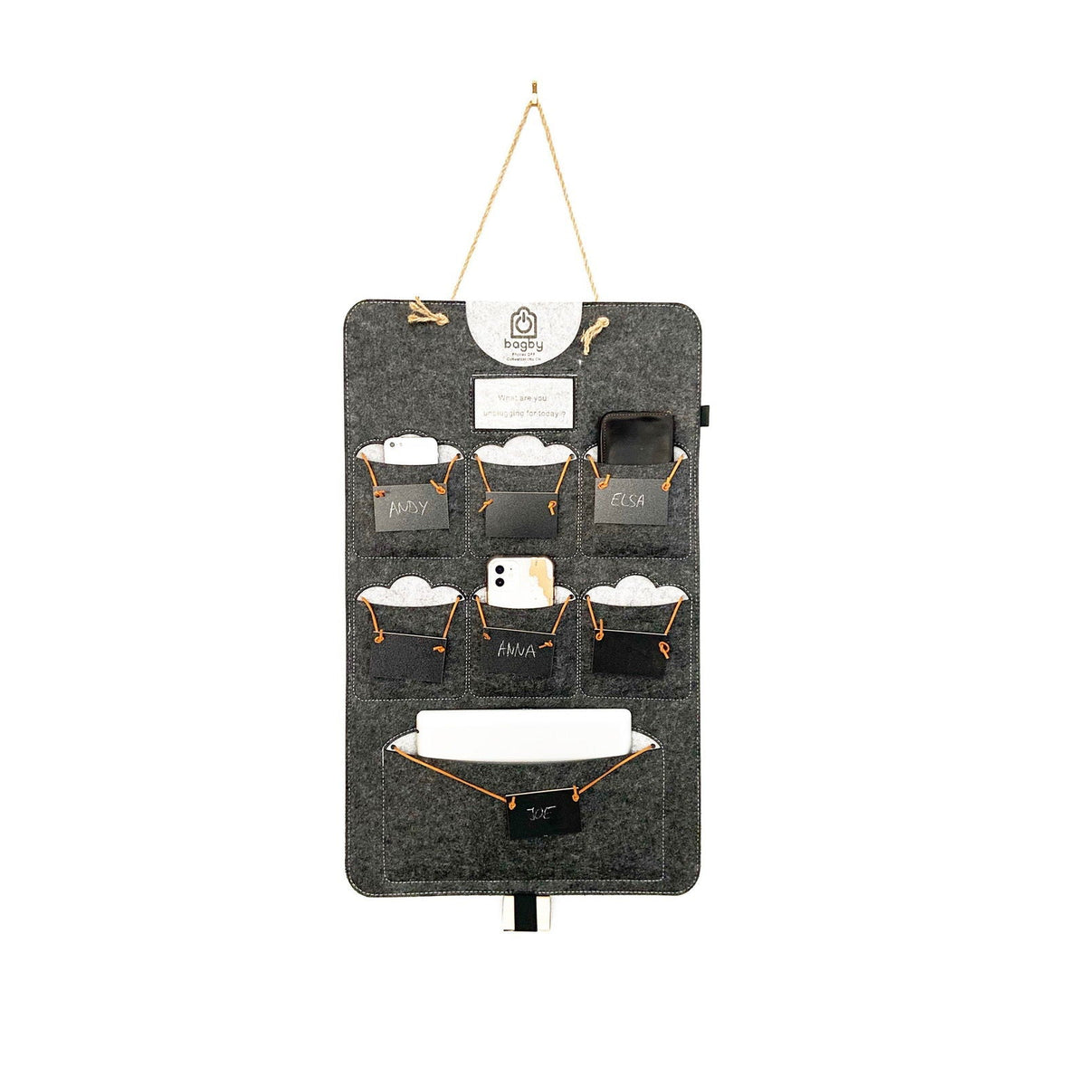 Dark charcoal Bagby FAMILY organizer with six named phone pockets and a lower pocket holding a white tablet.