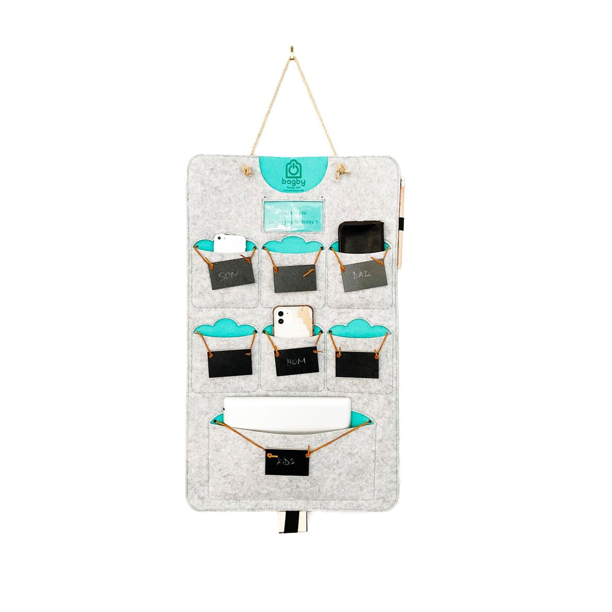 Light gray Bagby FAMILY organizer with teal pocket accents and chalkboard tags reading Son, Dad and Mom above a tablet pocket.