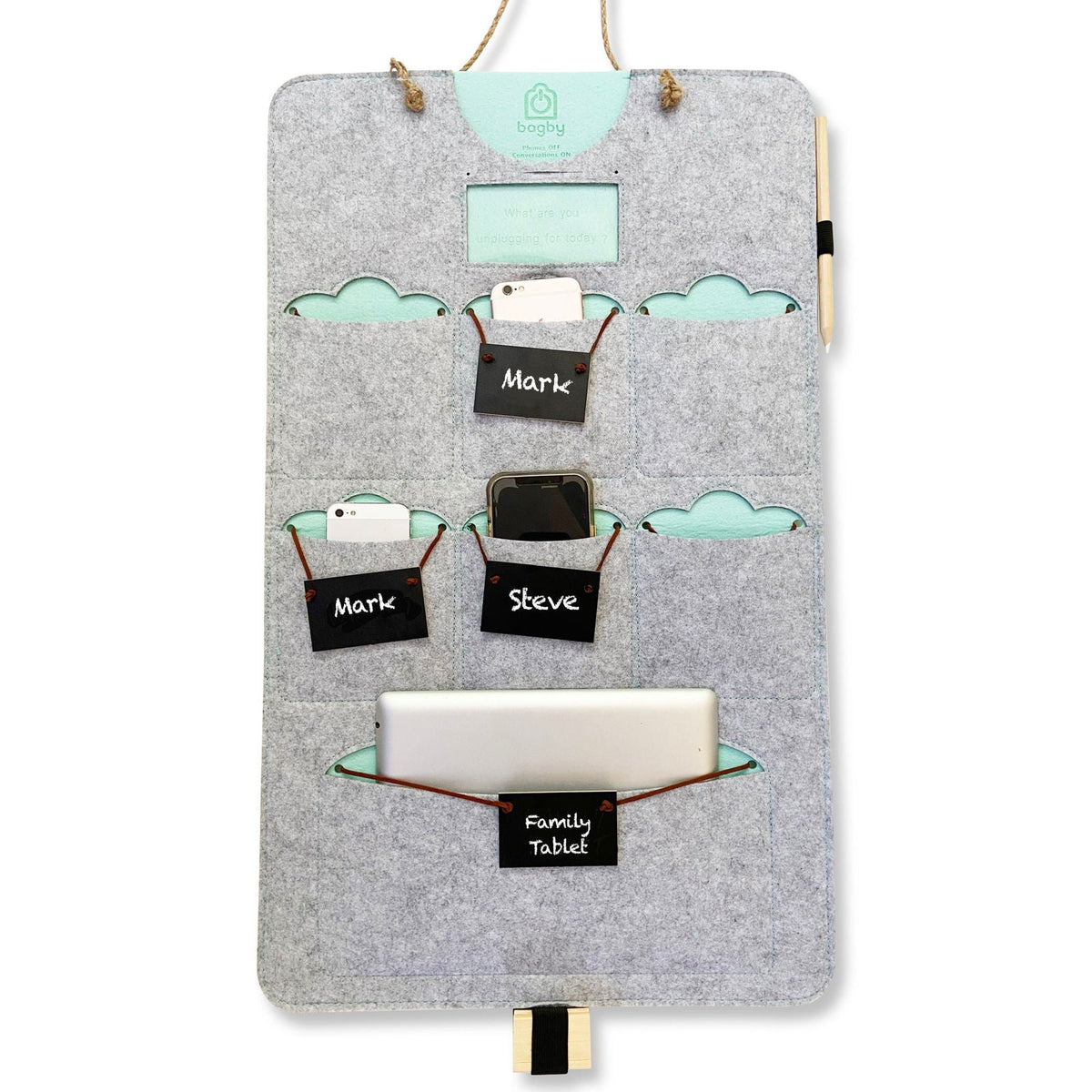 Light gray Bagby FAMILY organizer with mint-green pocket trim and a white laptop resting in the lower tablet pocket.