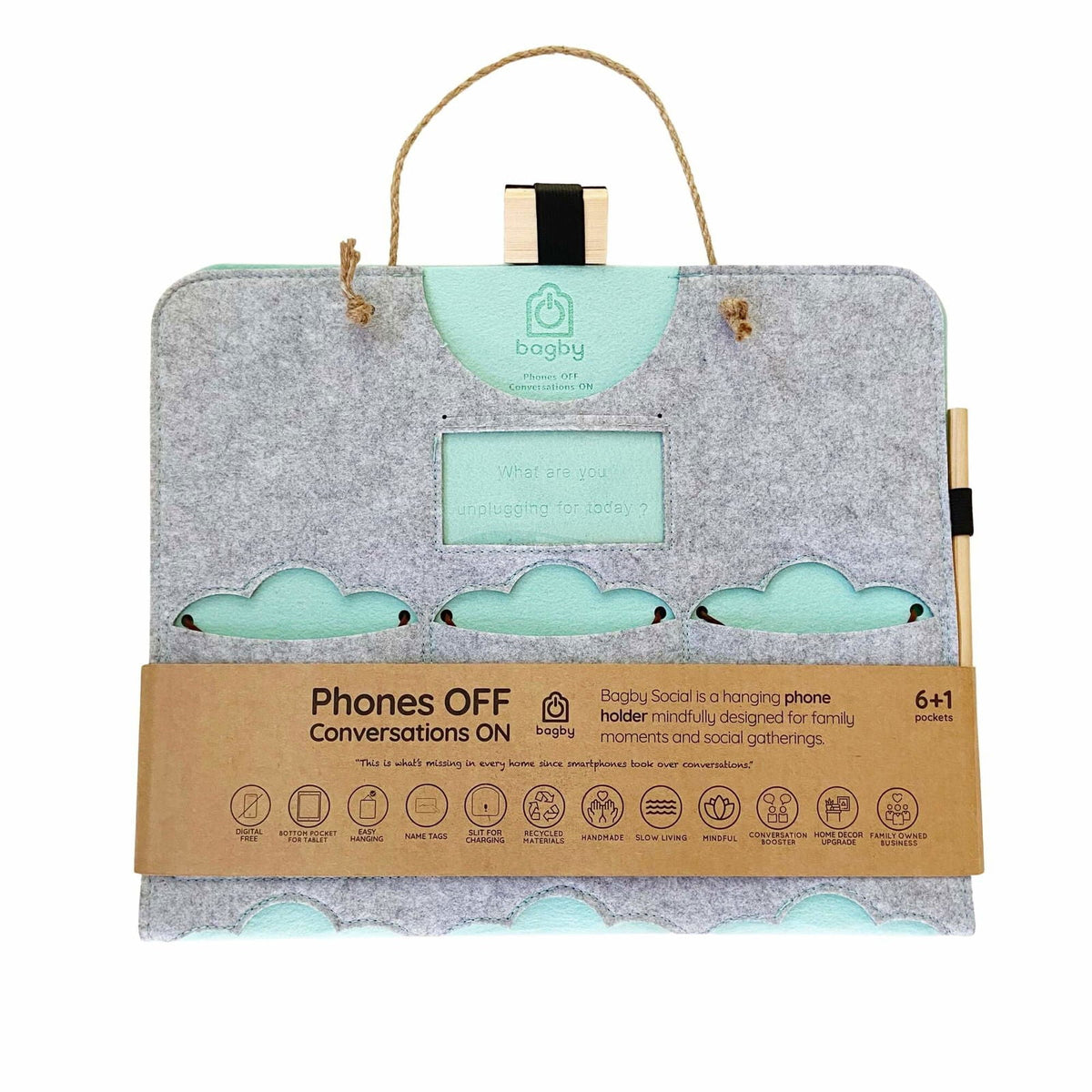 Light gray Bagby FAMILY organizer with mint-green pocket accents, rope hanger and wooden chalk pencil, in its kraft band.