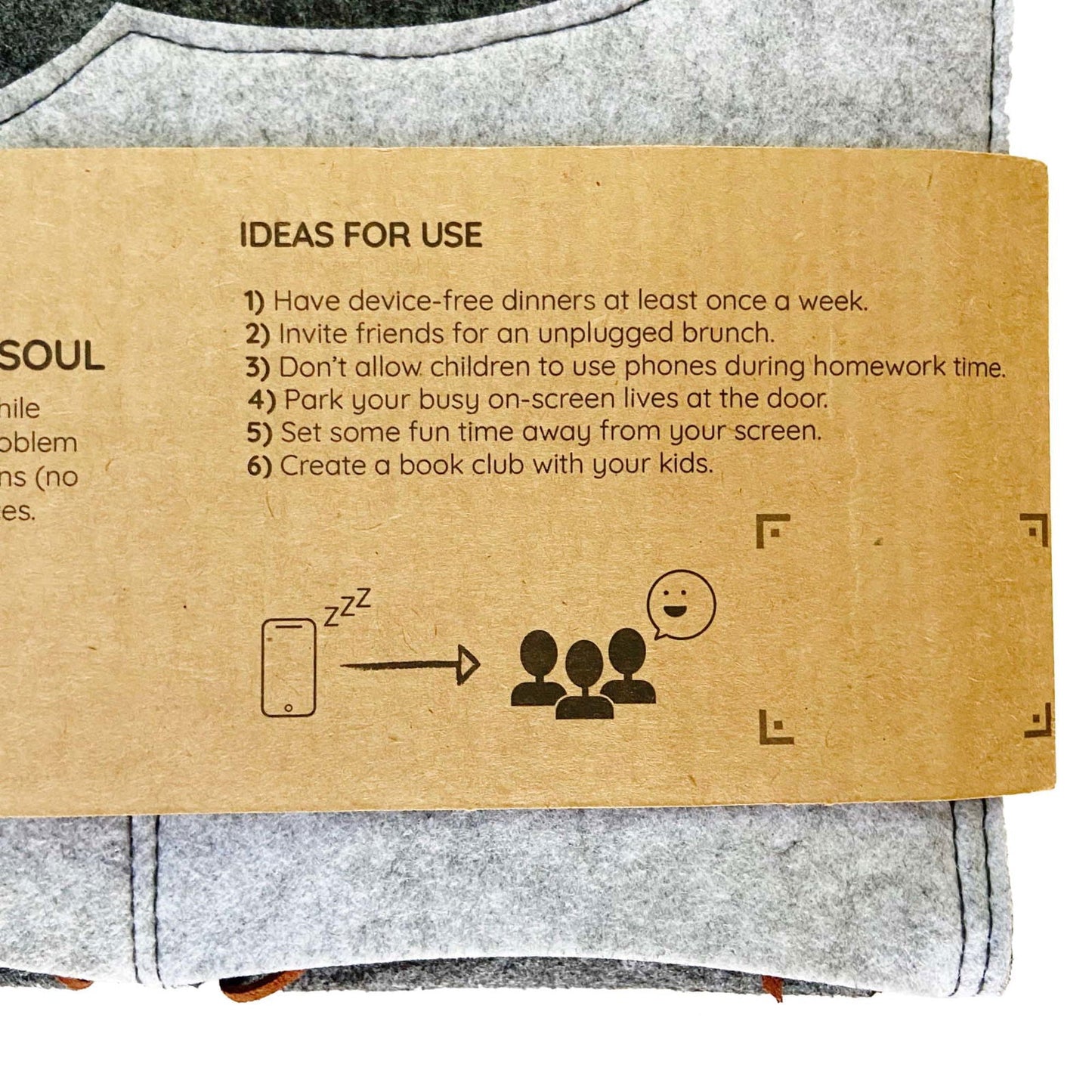 Close-up of the Bagby FAMILY packaging band listing ideas for device-free family time, with a phone-to-people icon.