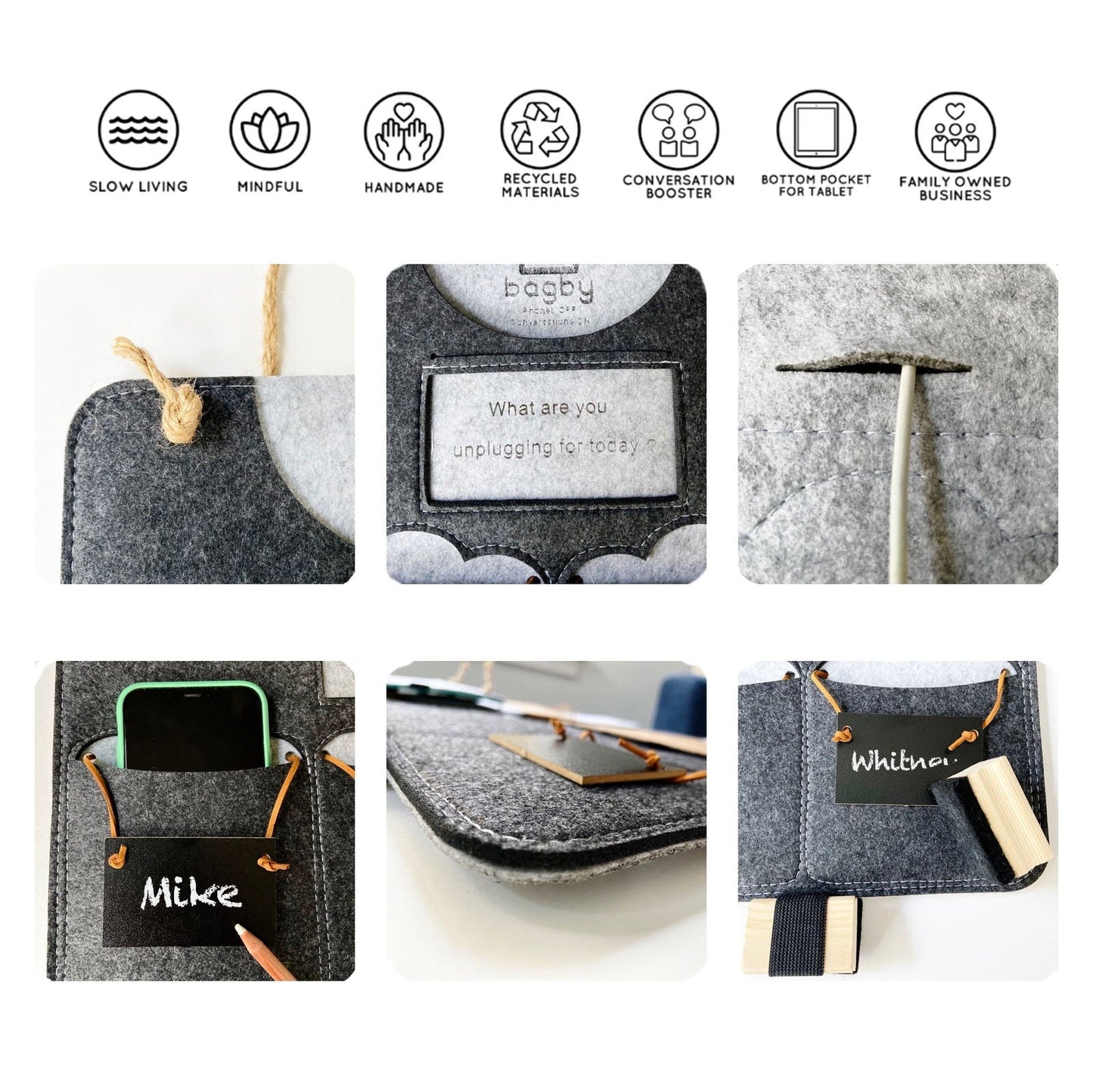 Grid of six detail shots of the Bagby FAMILY organizer: rope hanger, embossed panel, pencil loop, named pockets and tablet pocket.