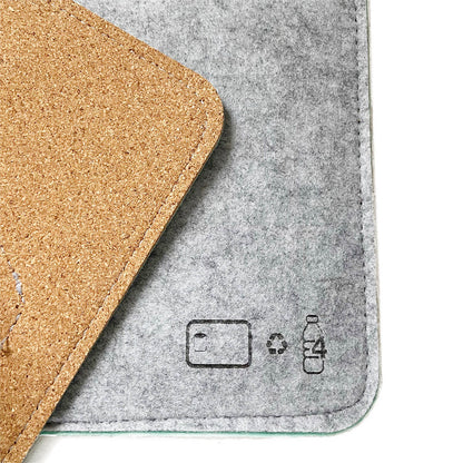 Close-up of the Bagby MAT's corner showing its cork non-slip backing, mint felt edge and stitched material-care icons.
