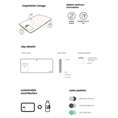 Design reference sheet for the Bagby MAT showing phone-pocket construction, layered materials and the three-color palette.