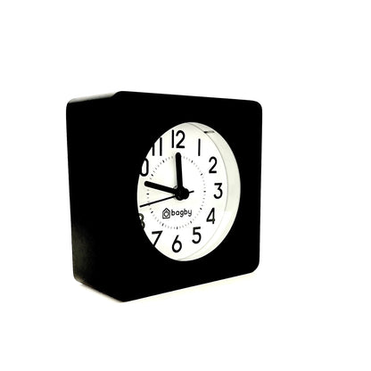 Bagby EMF-Free Classic Silent Analog Alarm Clock with black square case and white face displaying 3:00.