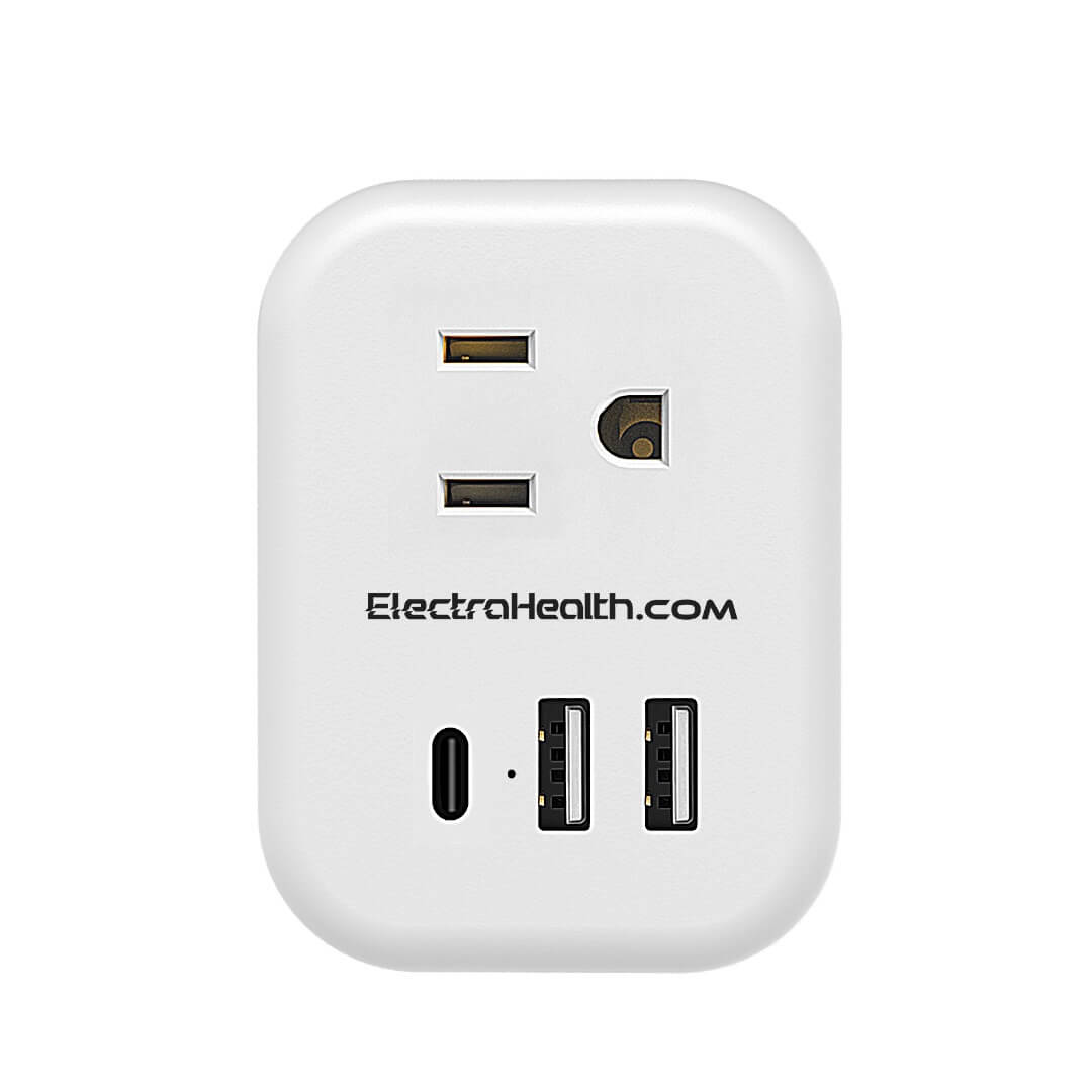 White compact wall charger with one grounded AC outlet, one USB-C port and two USB-A ports, printed with the ElectraHealth name.