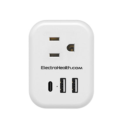White compact wall charger with one grounded AC outlet, one USB-C port and two USB-A ports, printed with the ElectraHealth name.