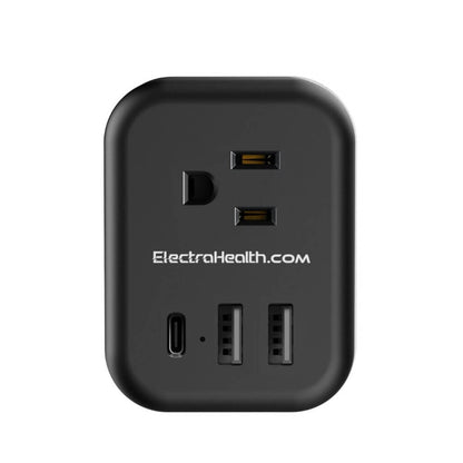 Black compact wall charger with one grounded AC outlet, one USB-C port and two USB-A ports, printed with the ElectraHealth name.