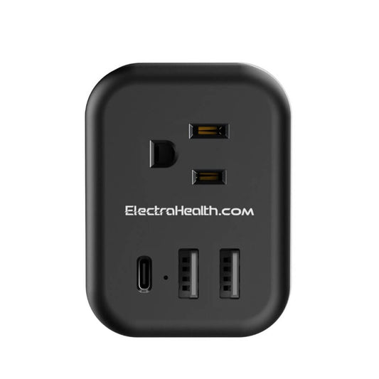 Black compact wall charger with one grounded AC outlet, one USB-C port and two USB-A ports, printed with the ElectraHealth name.
