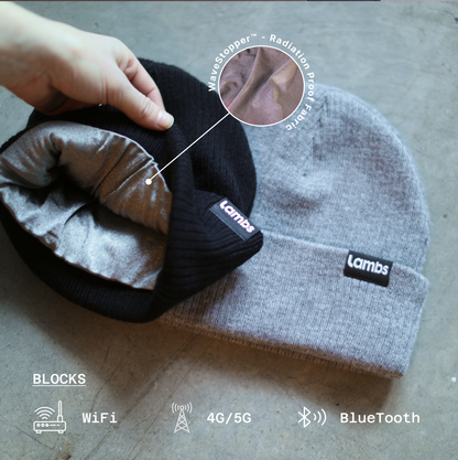 HAVN WaveStopper™ Beanie shown with hand touching fabric, highlighting WaveStopper™ radiation-proof technology and blocking WiFi, 4G/5G, and Bluetooth signals.