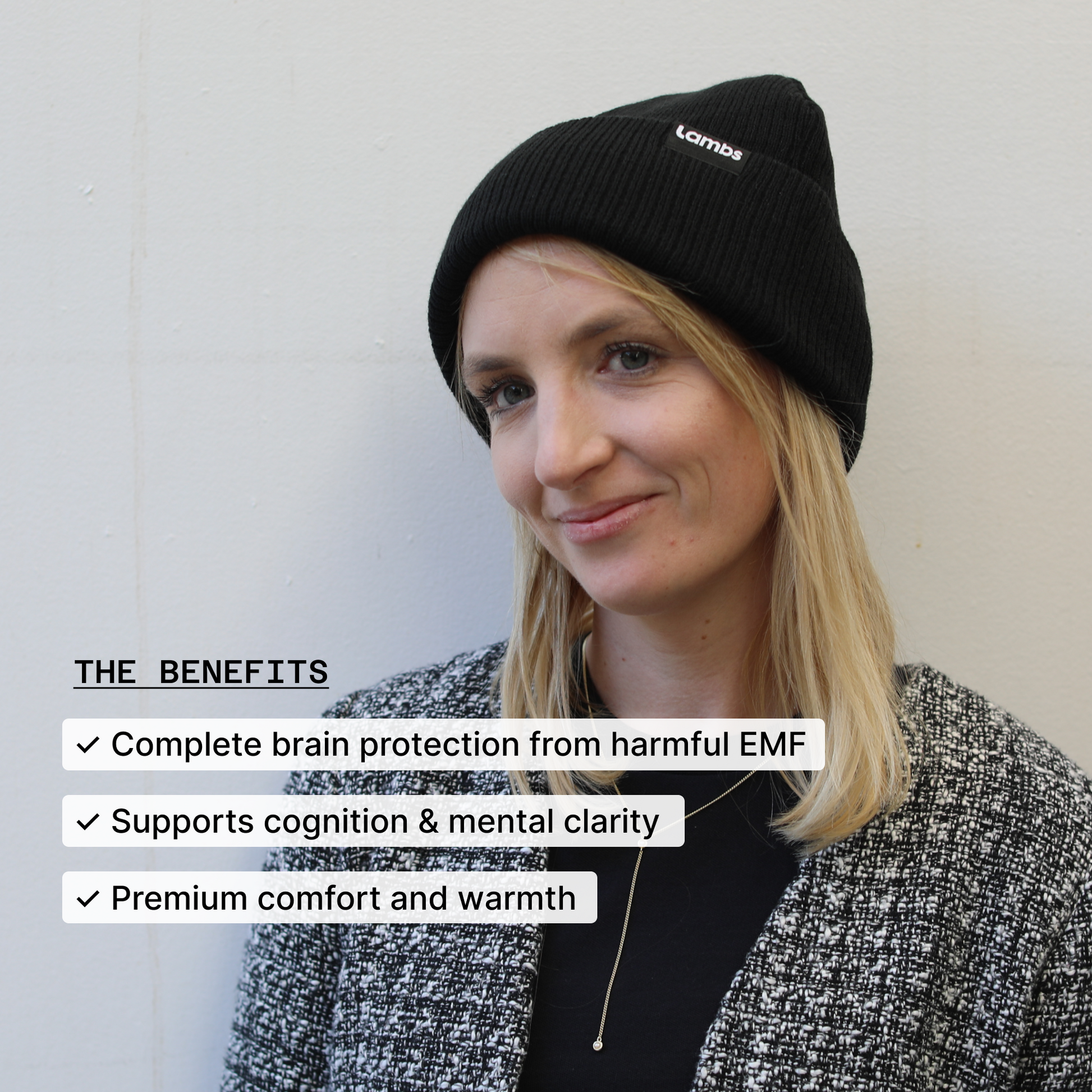 Woman wearing black HAVN WaveStopper™ Beanie with listed benefits: EMF protection, cognition support, and premium comfort.