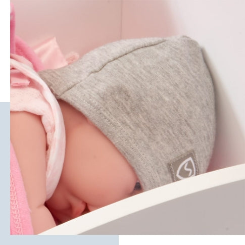 SYB Baby Beanie Bundle gray hat on infant doll wearing pink clothing, close-up detail view.
