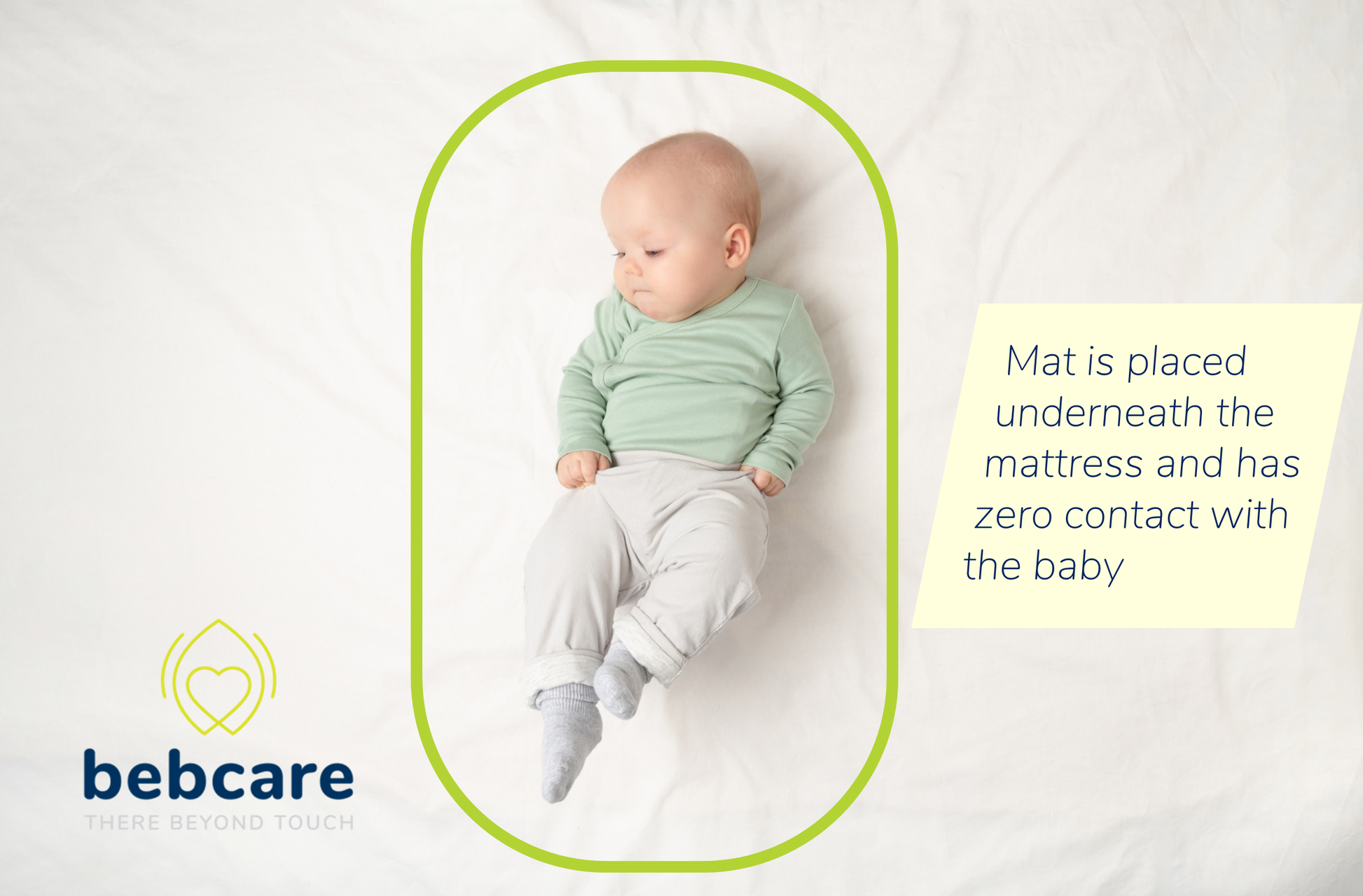Bebcare Mat Smart Breathing Sensor positioned under crib mattress beneath sleeping infant in green shirt and light pants.