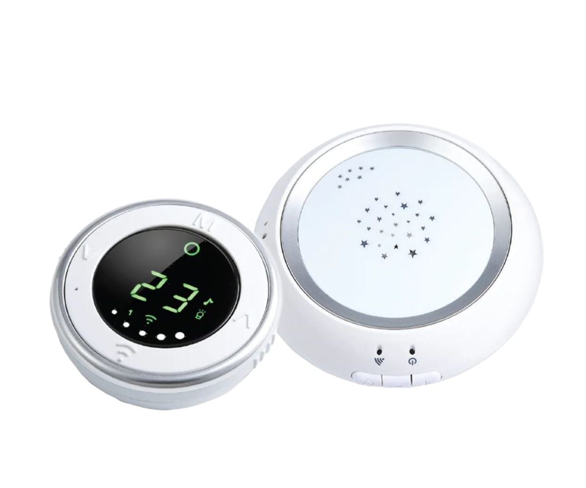 Bebcare Low-EMF Hear Digital Audio Baby Monitor showing circular parent unit with green LED display and star-patterned nursery unit.