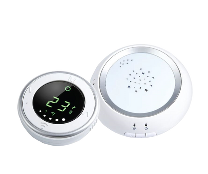 Bebcare Low-EMF Hear Digital Audio Baby Monitor showing circular parent unit with green LED display and star-patterned nursery unit.