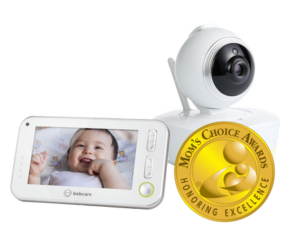 Bebcare digital video baby monitor displaying a smiling infant on screen, with camera unit and Mom's Choice Awards medal.