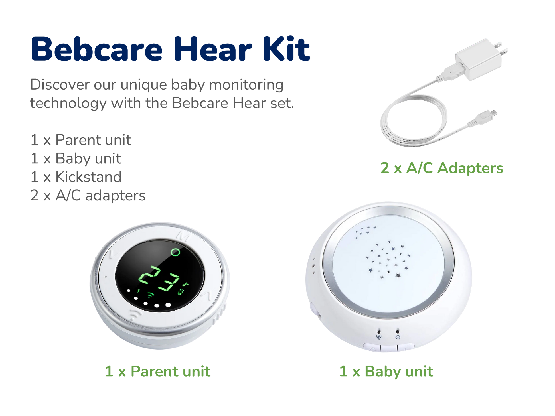 Bebcare Hear Kit contents: parent unit with digital display, baby unit with starry ceiling projection, 2 AC adapters, and kickstand.
