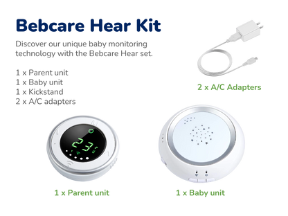 Bebcare Hear Kit contents: parent unit with digital display, baby unit with starry ceiling projection, 2 AC adapters, and kickstand.
