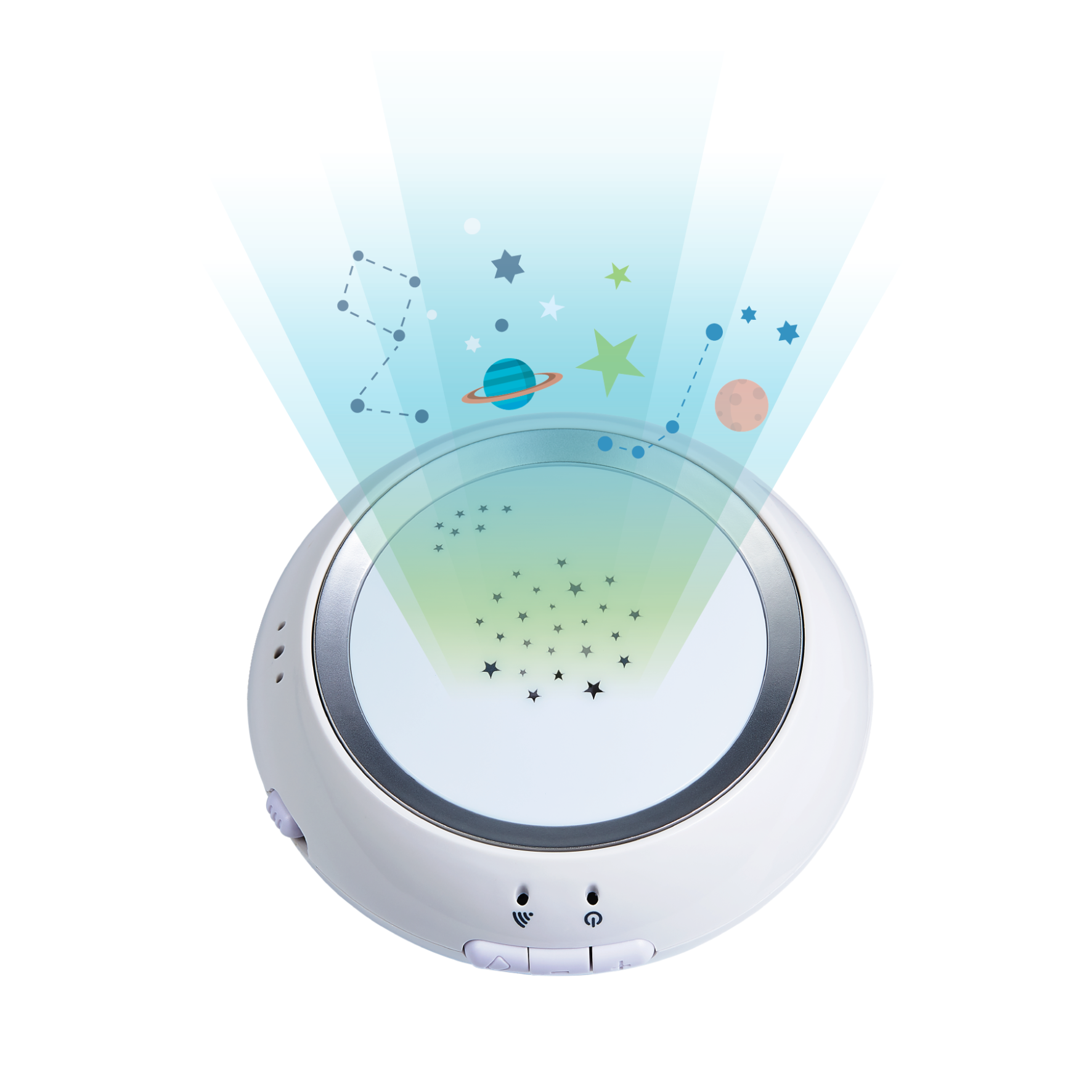 Bebcare baby monitor projecting starry night sky and planets onto ceiling with blue light beam above device.