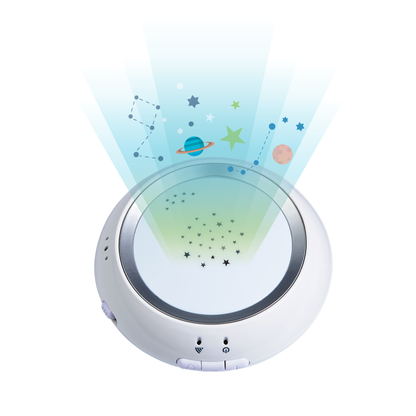 Bebcare baby monitor projecting starry night sky and planets onto ceiling with blue light beam above device.