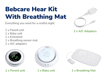 Bebcare Hear Kit contents displayed: parent unit with green display, baby unit with star design, breathing sensor mat, kickstand, and two AC adapters.