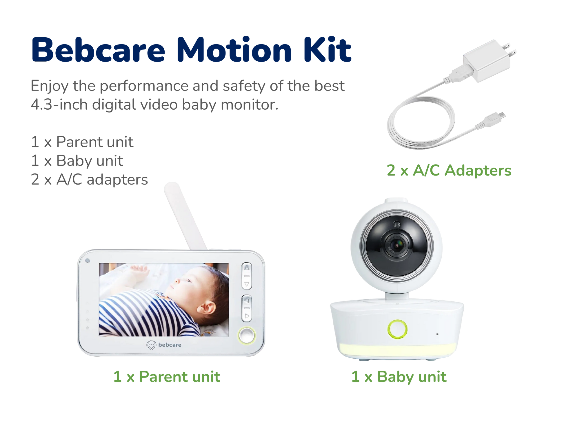 Bebcare Motion Kit contents: parent unit with 4.3-inch display, baby camera unit, and two AC power adapters.