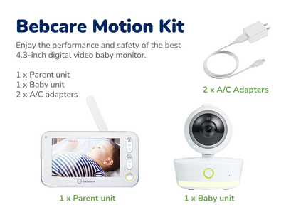 Bebcare Motion Kit contents: parent unit with 4.3-inch display, baby camera unit, and two AC power adapters.