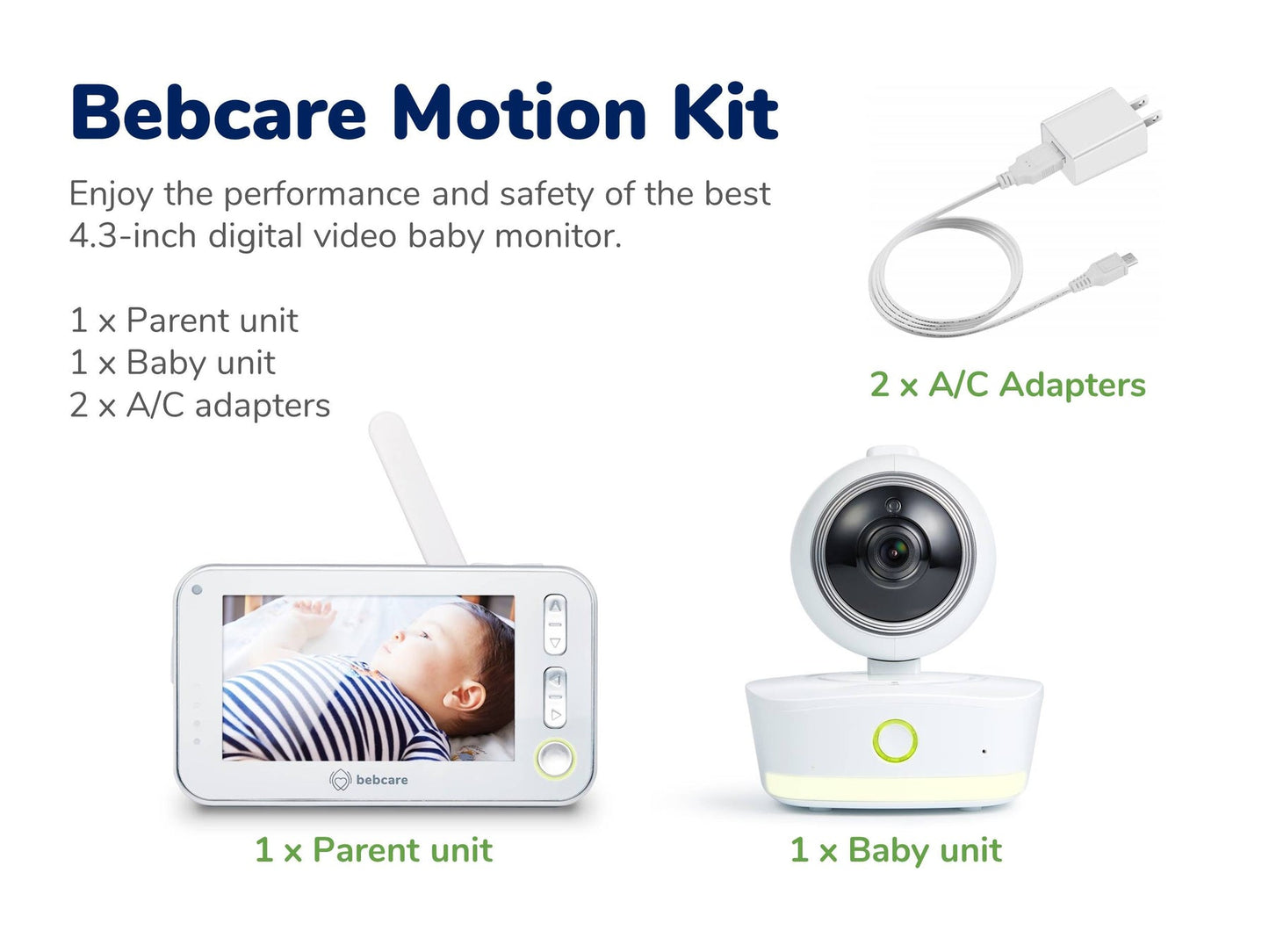 Bebcare Motion Kit contents: parent unit with 4.3-inch display, baby camera unit, and 2 AC adapters with charging cable.