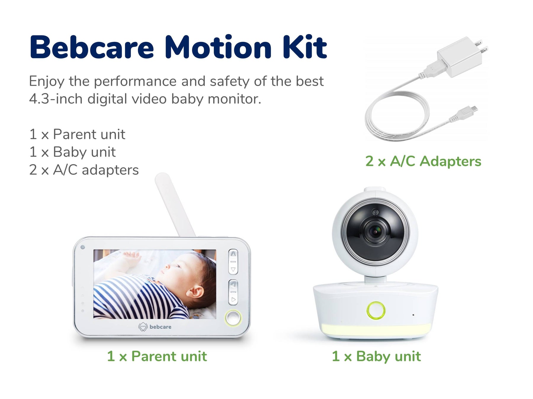 Bebcare Motion Kit contents: parent unit with 4.3-inch display, baby camera unit, and 2 AC adapters with charging cable.