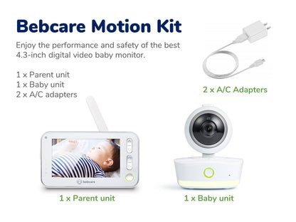 Bebcare Motion Kit contents: parent unit with 4.3-inch display, baby camera unit, and 2 AC adapters with charging cable.