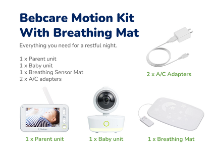 Bebcare Motion Kit contents displayed: parent monitor unit, baby camera unit, breathing sensor mat, and two AC adapters.