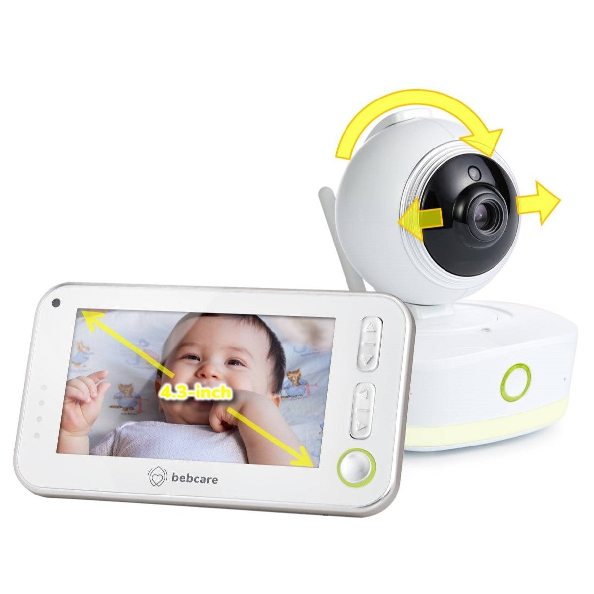 Bebcare baby monitor displaying 4.3-inch screen with infant view and rotating camera unit showing pan and tilt range with yellow arrows.